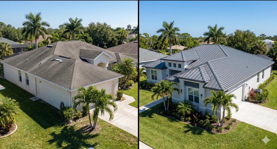 The client's own aerial before/after roof composite: the left half showing the faded asphalt shingle roof, the right half
