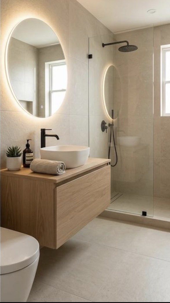 The client's finished bathroom: floating wood vanity, backlit round mirror, vessel sink, black fixtures